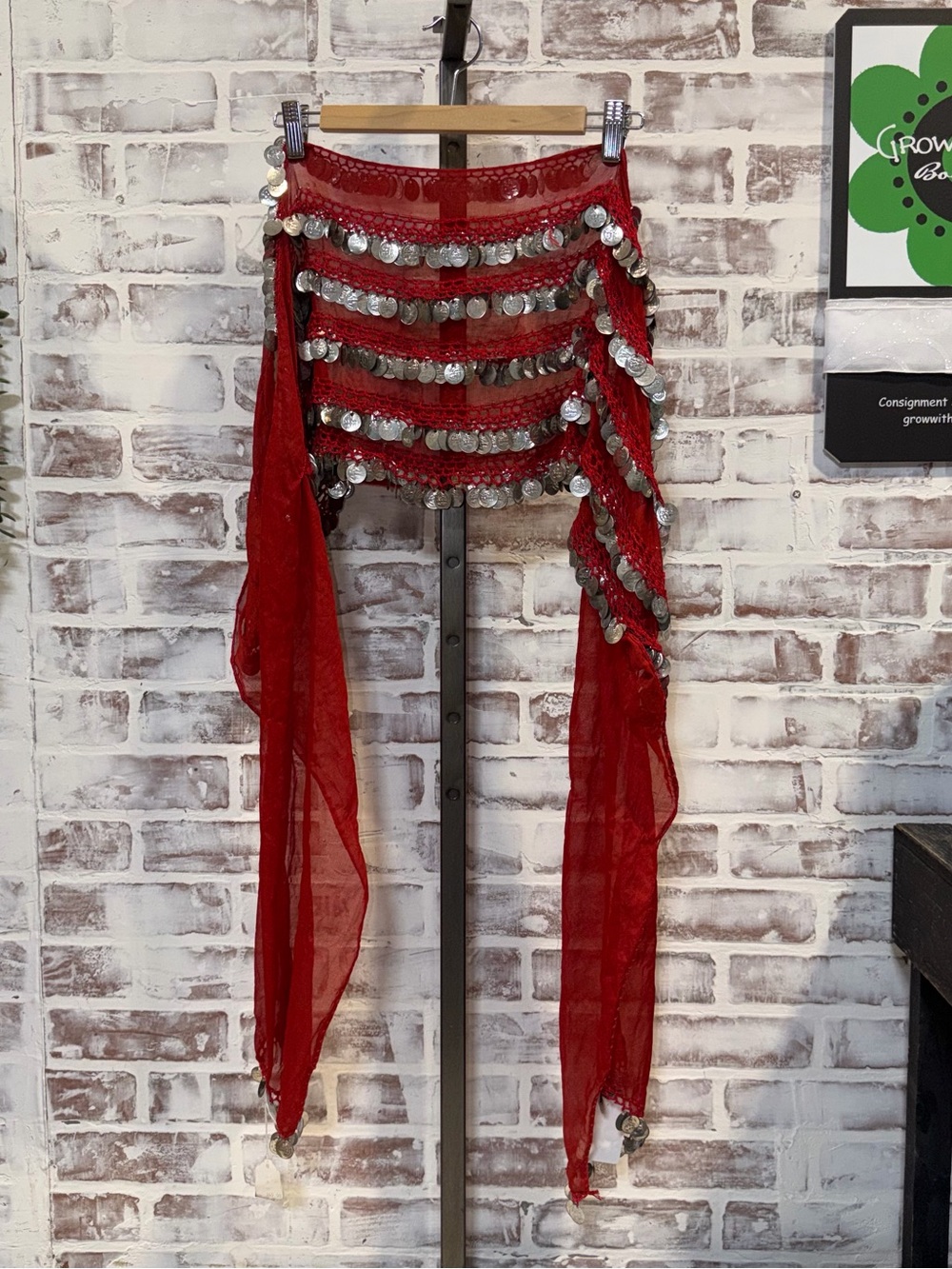 Red Coin-Trim Belly Dance Hip Scarf — Women Skirt Accessory
